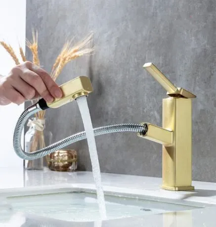 brush gold short Vidric выдвижной кран для раковины, смеситель для ванной комнаты с одной ручкой, черный цвет, на бортике, кран для горячей и холодной воды, квадратная форма - Цвет: brush gold short