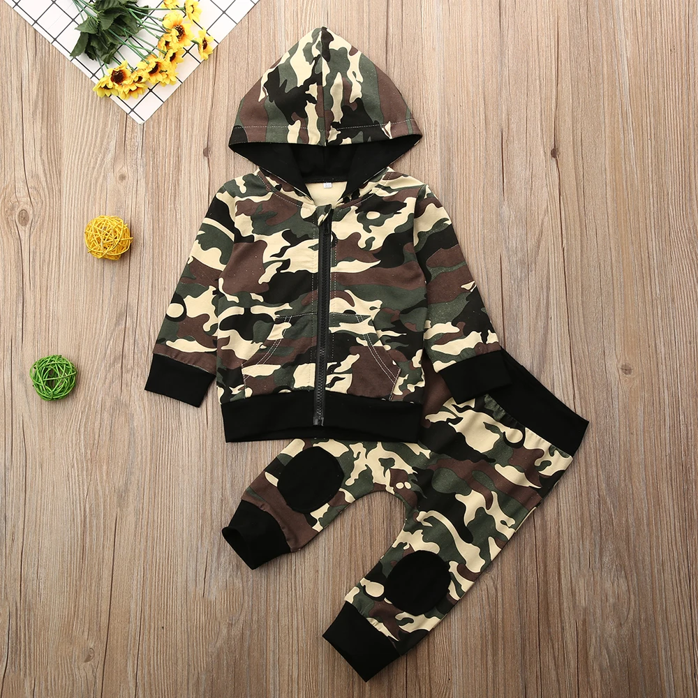 Комплект из 2 предметов для маленьких мальчиков; Camoflage; пальто с длинными рукавами+ штаны; комплект одежды; комплект с капюшоном; топы с длинными рукавами