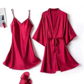 

Long Sleeve Women Robe Silk Dressing Gowns Lingerie Set Bathrobe Ladies Summer Autumn Sexy Nightgown Nightdress Satin Pajamas