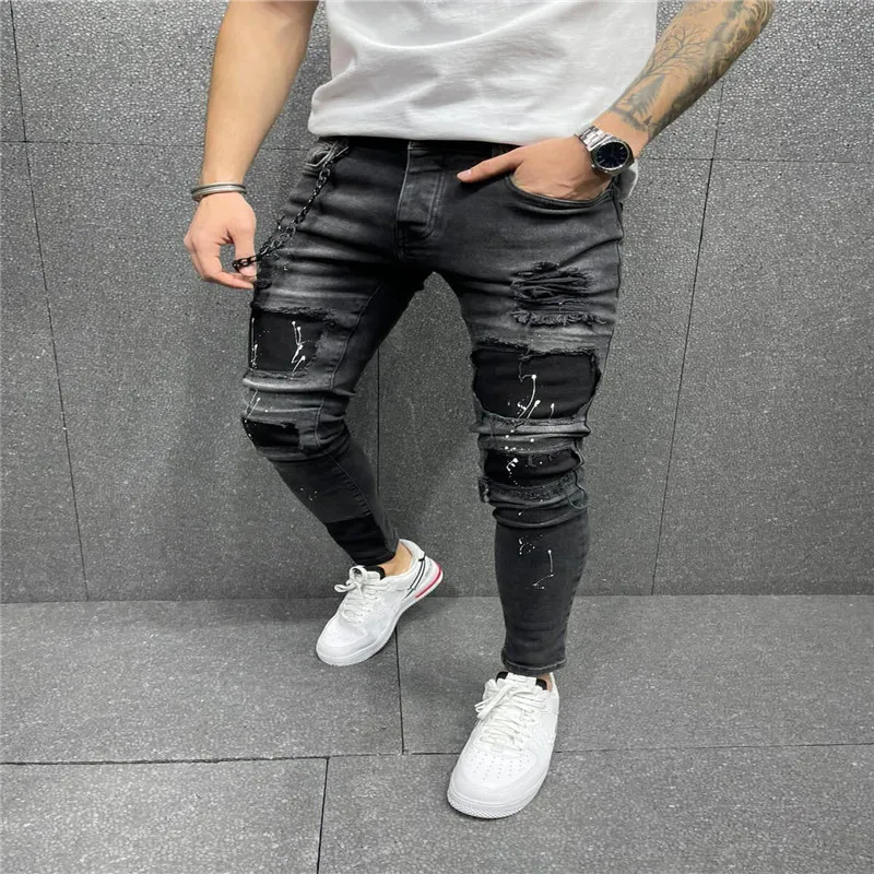 Men's Plus-Size Trousers With Holes In Print Patch Casual Fashion Trend Stretch Tight Skinny Leg Midrise Jeans