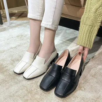 

EshtonShero Women Pumps Leather Shoes OL Loafers Casual Med-heeled Round Toe Female Slip On Casual Black Boat Shoes Size 3-9