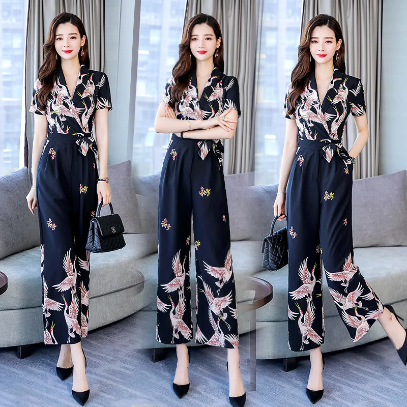 

2019 Summer Korean-style Fashion Casual Printed Loose Pants Set Comfortable Slim Fit Elegant Onesie