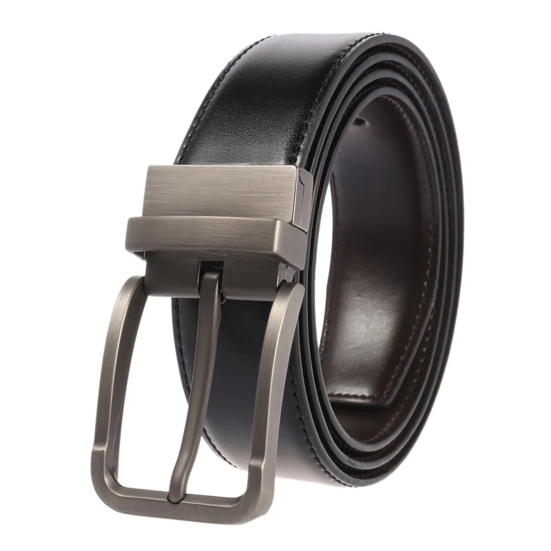 medyla Men's leather belt Rotating buckle double-sided available pin buckle high quality cow genuine leather belts for men 130cm - Цвет: Silver buckle Black
