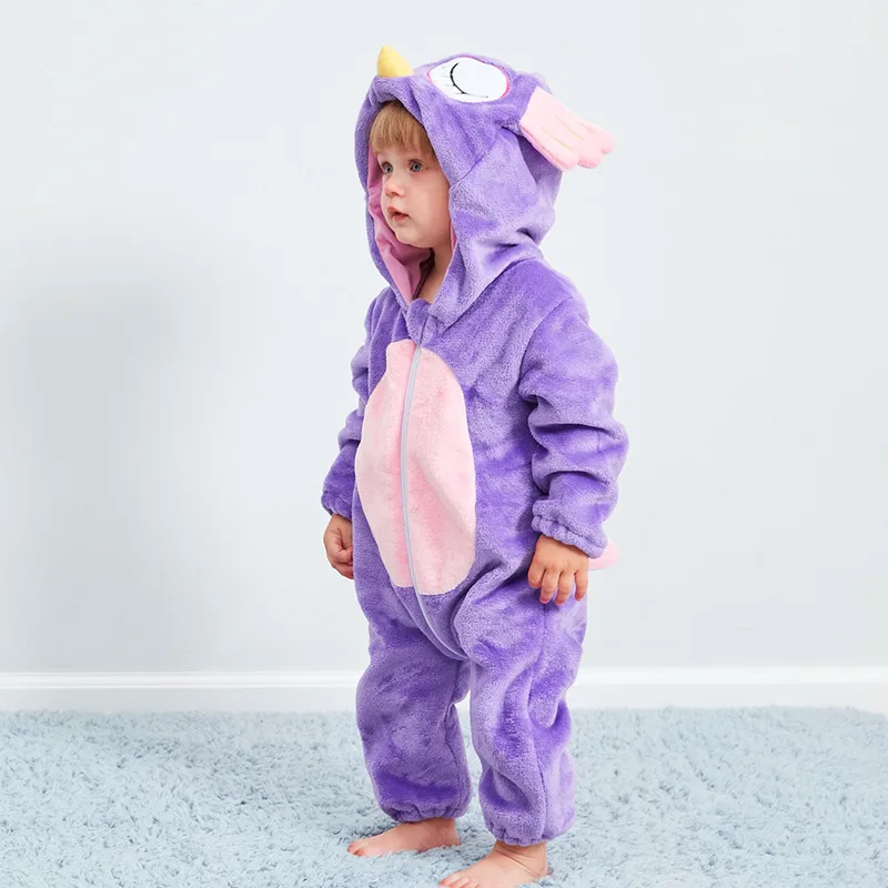 9.1     19.99、Children's pajamas baby cute purple owl piece pajamas autumn and winter warm flannel baby onesies children's romper