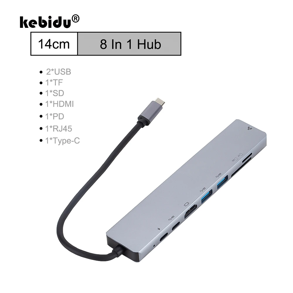Kebidu TYPE-C концентратор RJ45 гигабитная LAN док-станция 8 в 1 USB хабы 3,0 USB C HDMI адаптер конвертер устройство для чтения карт SD TF