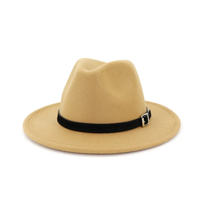 Camel fedora FS белая шерстяная фетровая джазовая шляпа для мужчин и женщин с широкими полями шерстяная зимняя фетровая шляпа Панама шляпа Трилби с Поясом Вечерние шляпы 17 цветов - Цвет: Camel fedora
