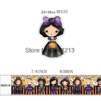 

printed Cartoon girl Halloween grosgrain ribbon and resin sets 7/8inch 50yard ribbon and 50pcs resin 1 sets REB528