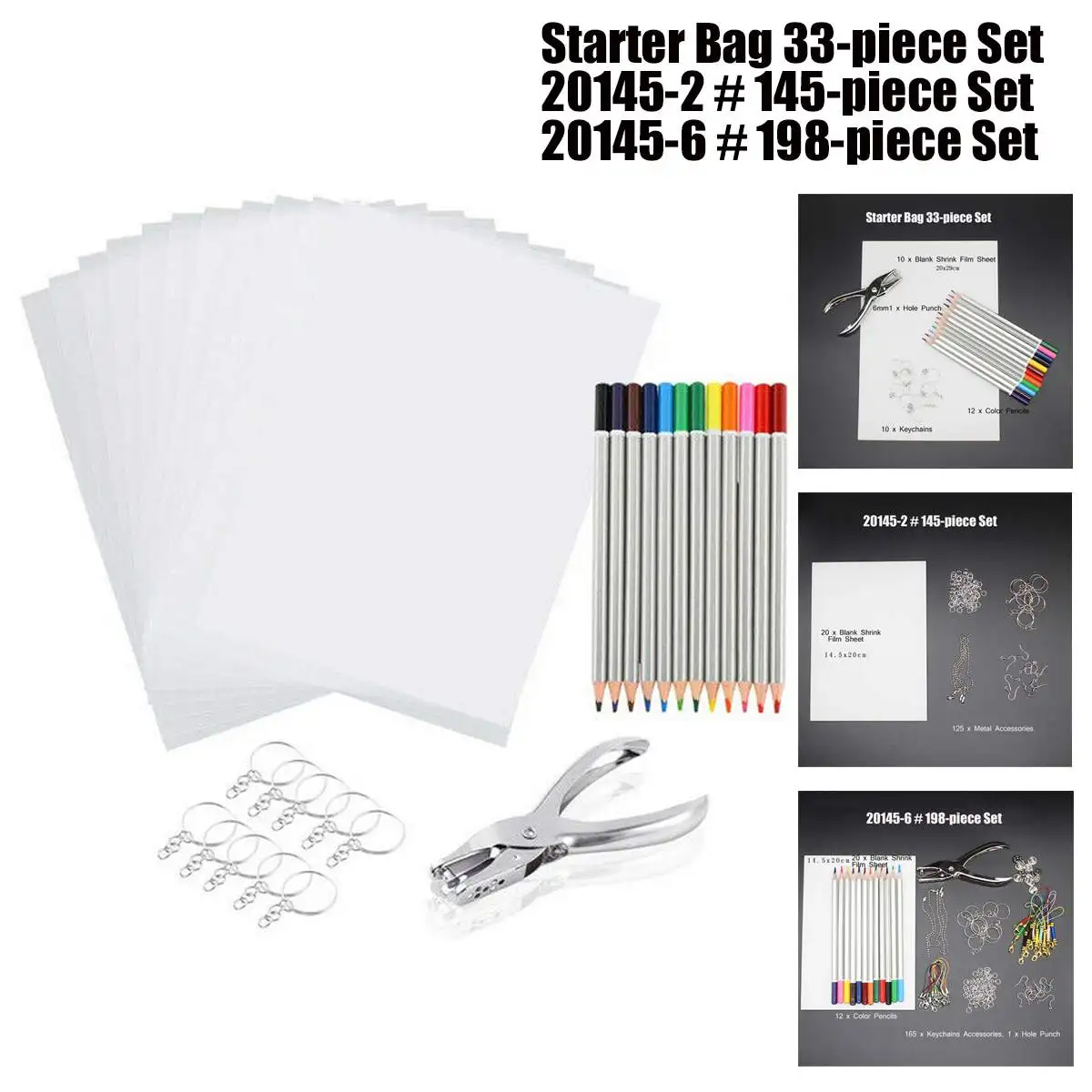 33/145/198Pcs Heat Shrink Plastic Sheet Kit Paper Hole Punch Keychains