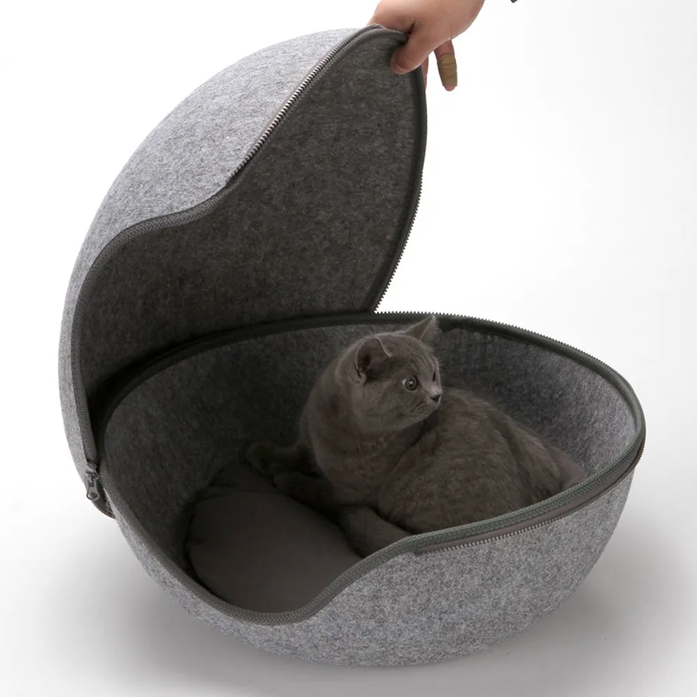 

1 PC Egg Shape Dog Cat Bed Zipper Felt Cloth All Around Cat Nest Winter Warm Pet House Detachable Cushion Mat Cat Sleeping Bag