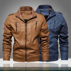 Мужские кожаные куртки осень-зима новые повседневные куртки мотоциклиста из искусственной кожи теплые флисовые мужские военные