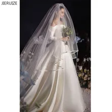 JIERUIZE, простая длинная фатиновая Фата для невесты, один слой, лента по краю, свадебные аксессуары, свадебная фата для невесты