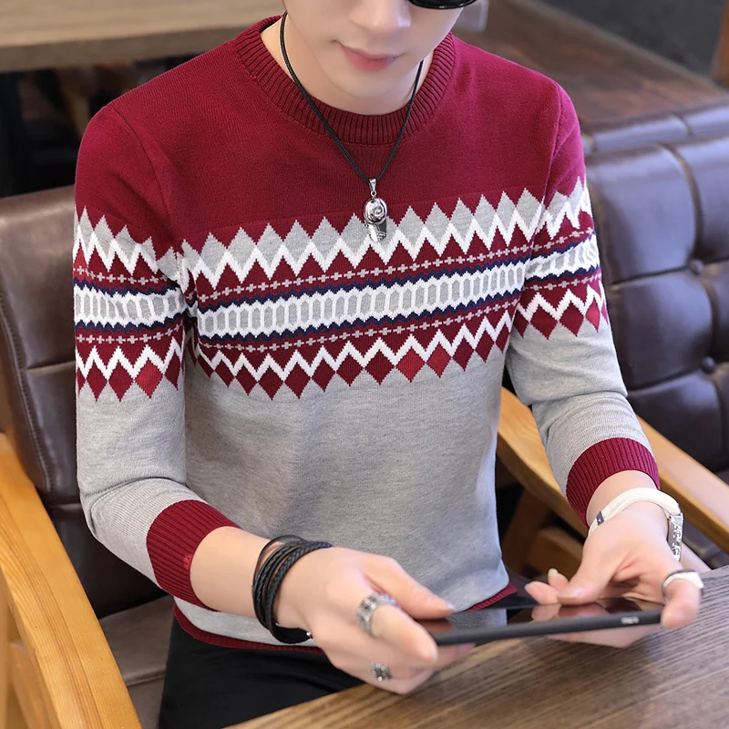 Корейские серые свитера и пуловеры, мужской вязаный свитер с длинным рукавом, высококачественные зимние пуловеры, Homme, теплое темно-синее пальто, 3xl, Новинка - Цвет: red 862