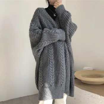 

Sweater Female 2020 New Autum Winter Outwear Knit Fashion Casual Solid Color Gray Women Fall V-neck Long Elegent Cardigan