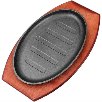 

Cast Iron Roasting Steak Pan Non Stick Roast Enamel Fried Pot Plate Frying Pan With Wooden Base Holder Home Cookware 25.5*16.2Cm