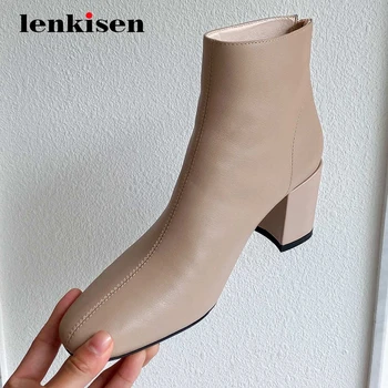 

Lenkisen new work boots genuine leather streetwear round toe thick high heel zipper office lady dress daily wear ankle boots L26