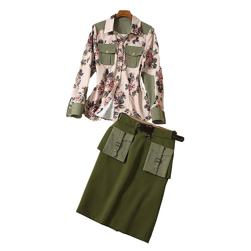 Spring And Autumn High Quality Ladies Fashion Green Set Floral Print Top Pencil Half Skirt Casual Commuter Party Two Piece Set