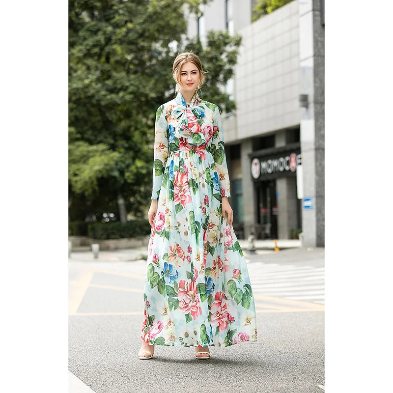 

Women Runway Dress 2020 High Quality Spring Summer O-Neck Long Sleeves Print Sashes Casual Maxi Dresses NP1035N