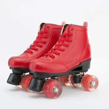 

Leather Roller Skates Double Line Skates Red Women Lady Adult Skating Rollers Pu 4 Wheels Two Line Skating Shoes Patines Wrotki