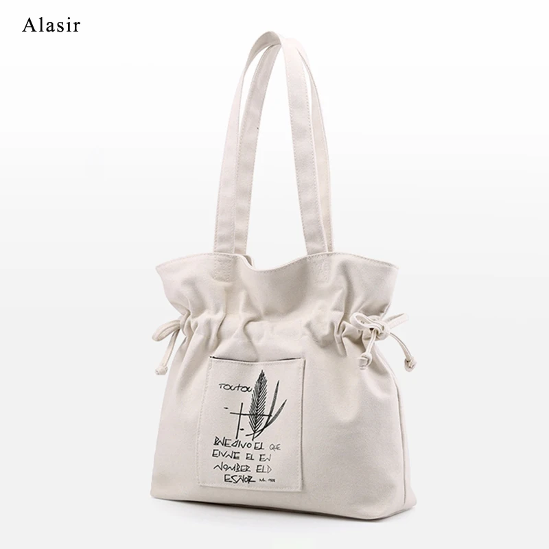 Alasir Женская парусиновая простая сумка через плечо сумки с принтом со шнурком Женская Хлопковая сумка женские повседневные сумки на шнурках