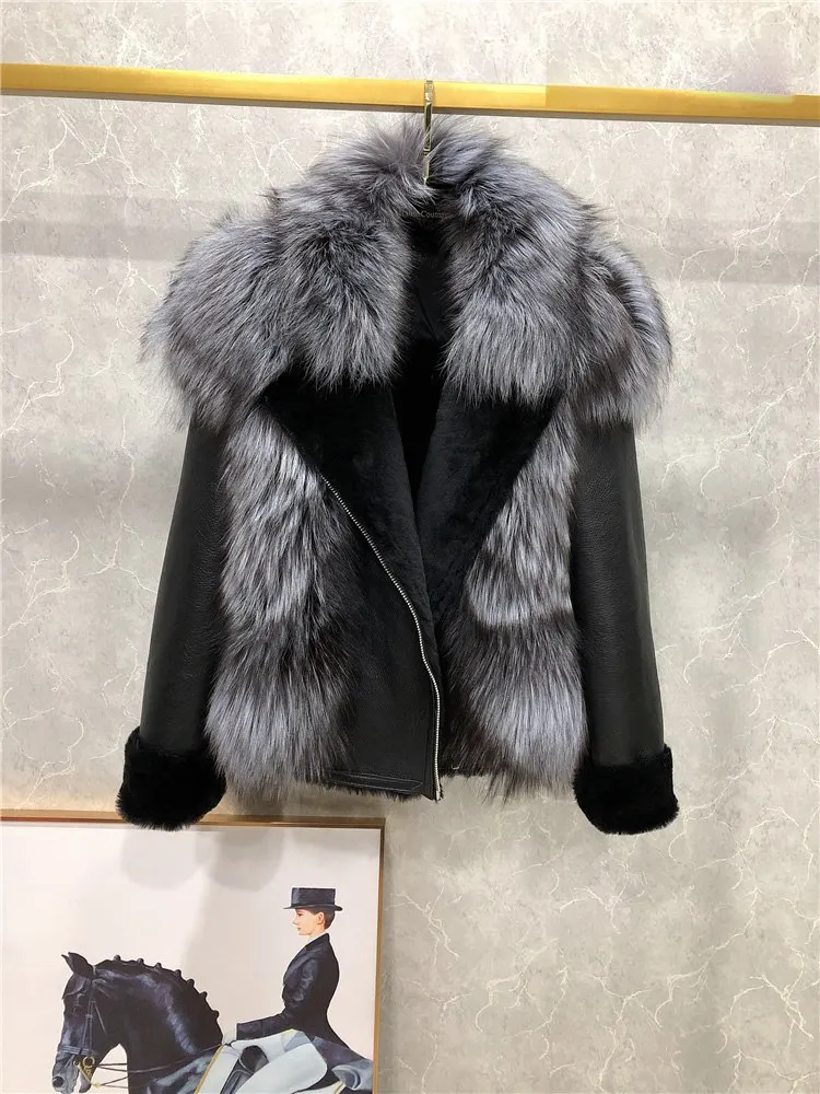 Women Sheepskin Coat With Real Sheep Fur Inside And Natural Raccoon Fur Collar Silver Fox Fur Trim Winter Jacket For Women Warm