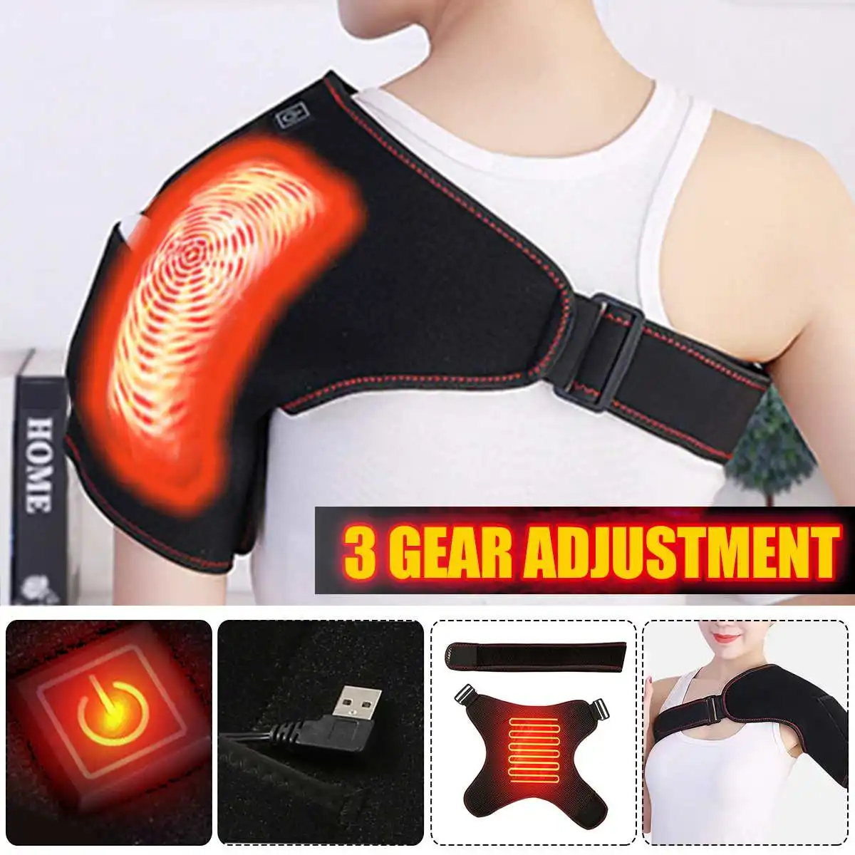 USB Electric Infrared Heated Shoulder 3 Level Adjustment Brace Shoulder Support Hot Therapy Wrap Warm Pad Guard