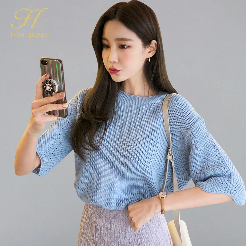 

H Han Queen Korean Style Fashio Hollow Out Pullover Sweaters Women Solid Color O-neck Casual Pullovers Mujer OL Bottoming Jumper