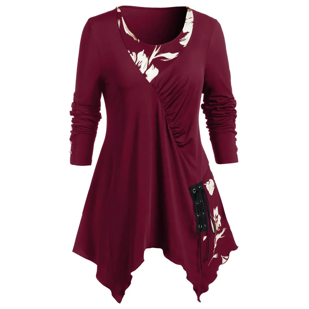 MISSOMO Autumn Women Long Sleeve t shrit women O-Neck Floral Print Button Bandage Casual tops Tees Winter Plus Size Female