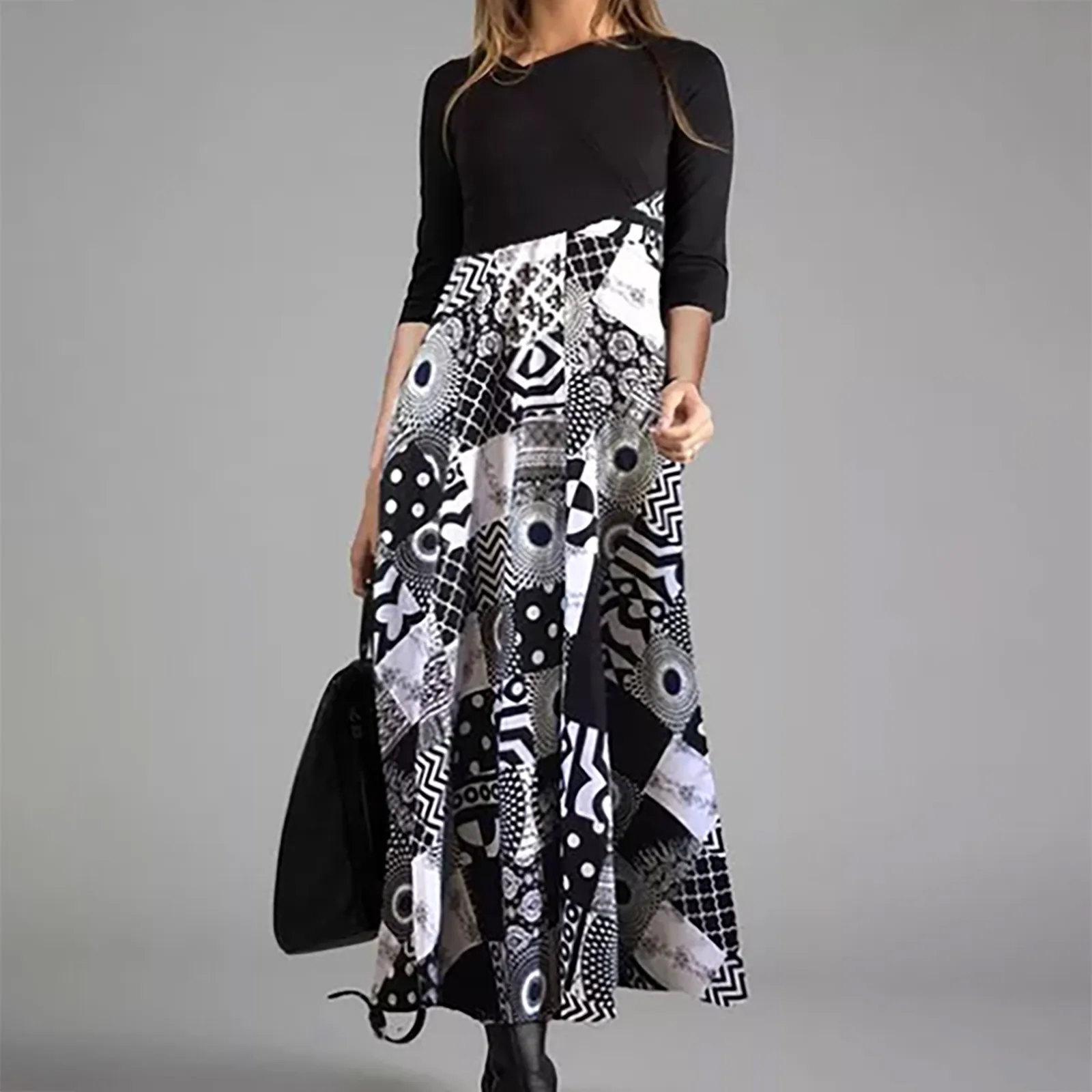Females Casual Vintage Slim Long-sleeved Dress Long Bohemian Printed Dress Women's Round Neck Loose Slim Vestido Autumn Winter 2