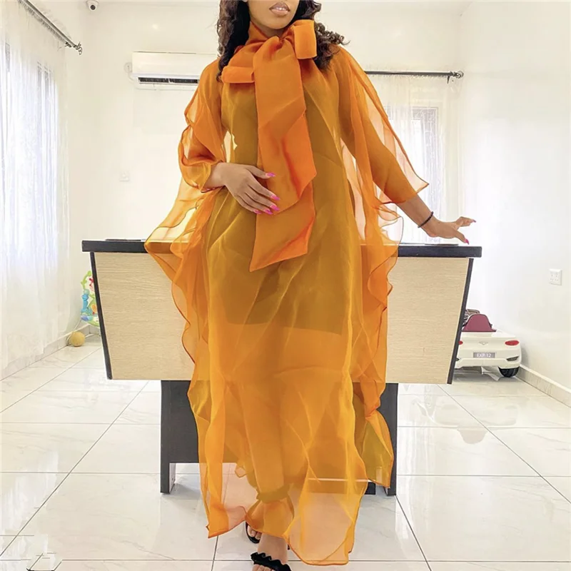 

Women Dress See Through with Bowtie Collar Batwing Sleeves Ruffles African Fashion Vestidos Transparent Loose Maxi Robes Autumn