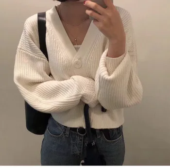 

Women's Knit Cardigan Sweater V-neck Single Breasted Solid Color Bat Sleeve Loose Knitwear Jacket Autumn and Winter New
