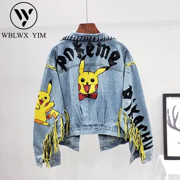 

Cartoon Print Denim Jacket Women Fashion splice Lace up Tassel Long Sleeve Jeans Jacket Female Spring Loose Plus szie Denim coat