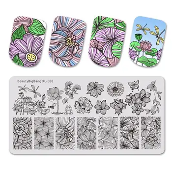 

Beautybigbang Nail Stamping Plates Nail Art Flower Dragonfly Lotus Image Nails Swanky Stamping Print Template Plate Mold XL-088