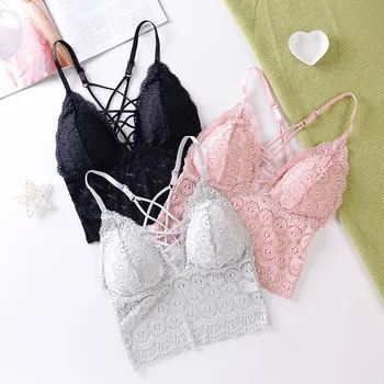 

Sexy Lace Cross Beauty Back Camisole Women Deep V Padded Tank Tops Underwear