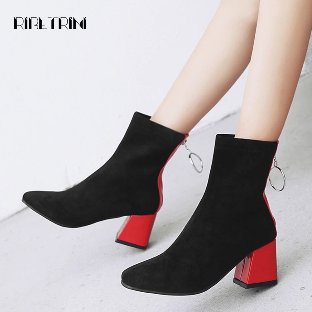 

RIBETRINI Ankle Boots For Women Zipper High Heels Boots Warm Autumn Winter Bootie Dress Shoes Plus Size 32-48