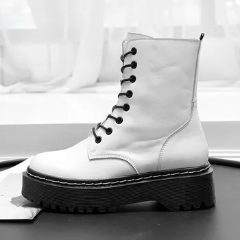 

Design Women White Motorcycle Boots Winter Zipper Ankle Boots Lace Up Platform Shoes Woman Militares Riding Female Botas Mujer