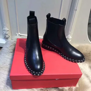 

Luxury Brand Rivets Women Ankle Boots Black Genuine Leather Chesale Boots Street Style Autumn Winter Conbat Short Boots Ankle