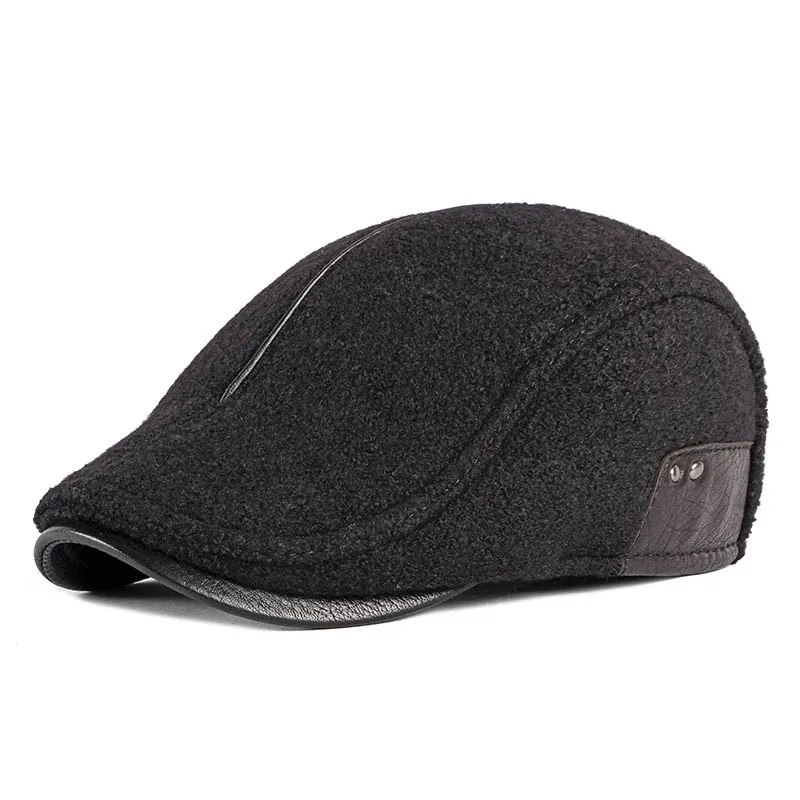 QDKPOTC, осенне-зимние береты среднего и старшего возраста, Мужская шерстяная фетровая шляпа в английском ретро стиле, Мужская бархатная теплая шапка с утиным язычком - Цвет: Черный