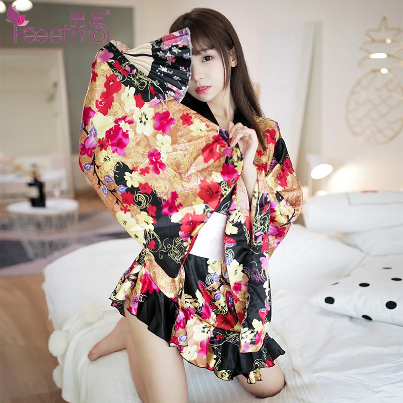 

Black Red Color Mix Printed Kimono Japanese Lingerie Sexy Student Girl Uniform Cosplay Graduation Big Bow Robe School Uniform