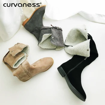 

Fashion Super High Over The Knee Thigh High Boots Round Toe Low Heels Autumn Winter Long Boots Solid Buckle Shoes Plus Plush
