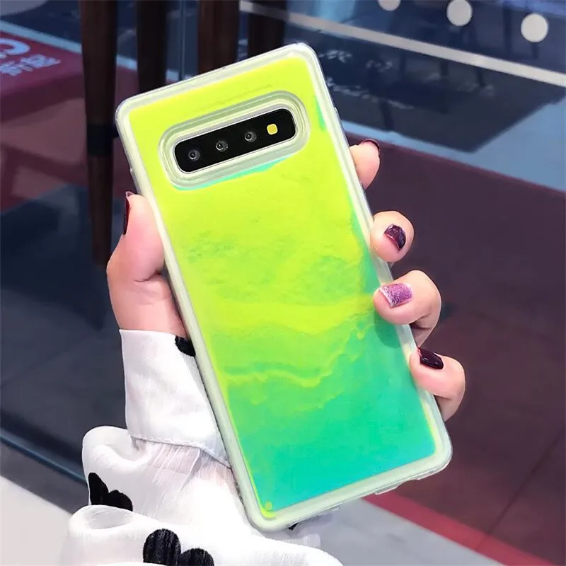 Зеленый Дизказ светящиеся неоновые песок чехол для samsung Galaxy S10 S9 S8 Plus Note 8 9 светится в темноте Жидкий блеск зыбучие пески чехол - Цвет: Зеленый