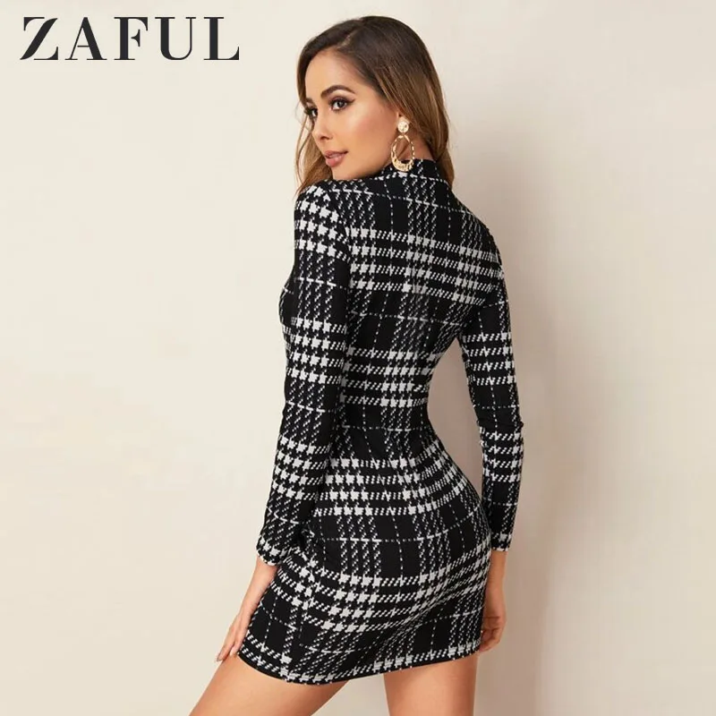 Зимнее женское платье ZAFUL, винтажное, в клетку, ломаную клетку, облегающее, сексуальное, мини платье,, коктейльное, с имитацией шеи, облегающее, вечерние, рождественское платье