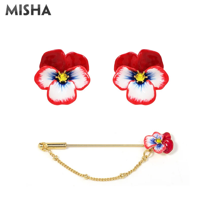 

MISHA NEW Women Jewelry Sets Enamel Glaze Red Pansy Brooch And Earrings High Quality Handmade Wedding Jewelry Sets 2049