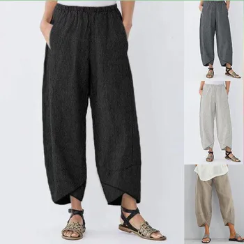 Pantalones de lino Vintage para mujer, pantalón informal, liso, Cintura elástica ancha, con bolsillo para pierna, asimétrico, holgado, Capris, harén