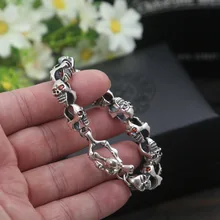 silver s925 sterling silver jewelry men's fashion silver bracelet Thai silver red zircon eyes skull bracelet forMen