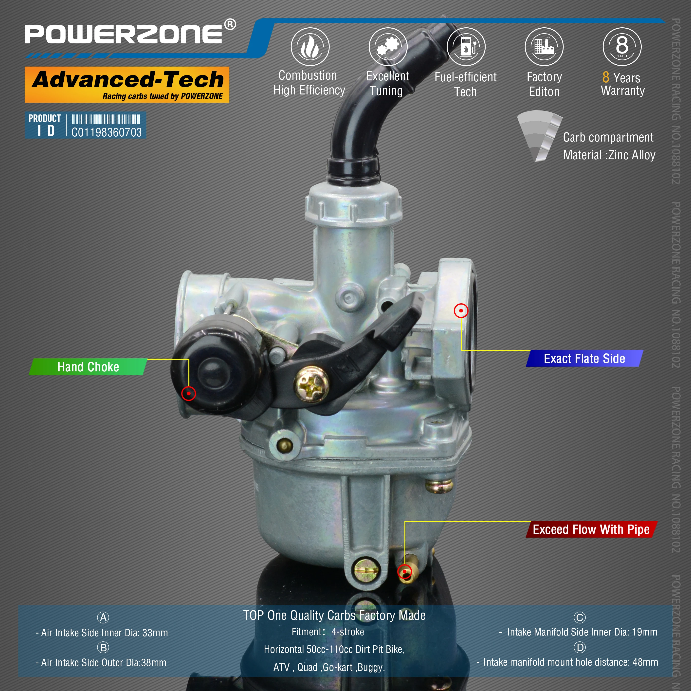 Powerzone карбюратор PZ19 19 мм CVK Ускорительный Насос Carb для горизонтального 50cc-110cc Грязь велосипед ямы, ATV, Quad, картинг, багги