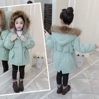 

2020 Winter New Girls Cotton Long Jacket&Outwear Children Cotton-padded Parka Girls Clothes Warm Coat Fur Hooed Snowsuit W736