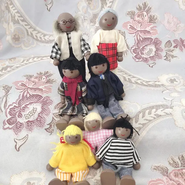 Happy Doll Family Miniature 7 People Set Toy Wooden Jointed Dolls Children Muppet Pretend Toys Story-telling Dressed Characters 5