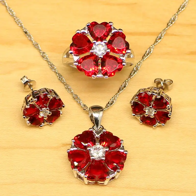 Сердце Красный фианит Белый CZ Ювелирные наборы стерлингового серебра 925 ювелирные изделия для женщин серьги/кулон/ожерелье/кольцо