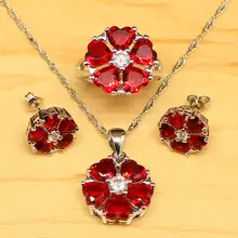 Сердце Красный фианит Белый CZ Ювелирные наборы стерлингового серебра 925 ювелирные изделия для женщин серьги/кулон/ожерелье/кольцо