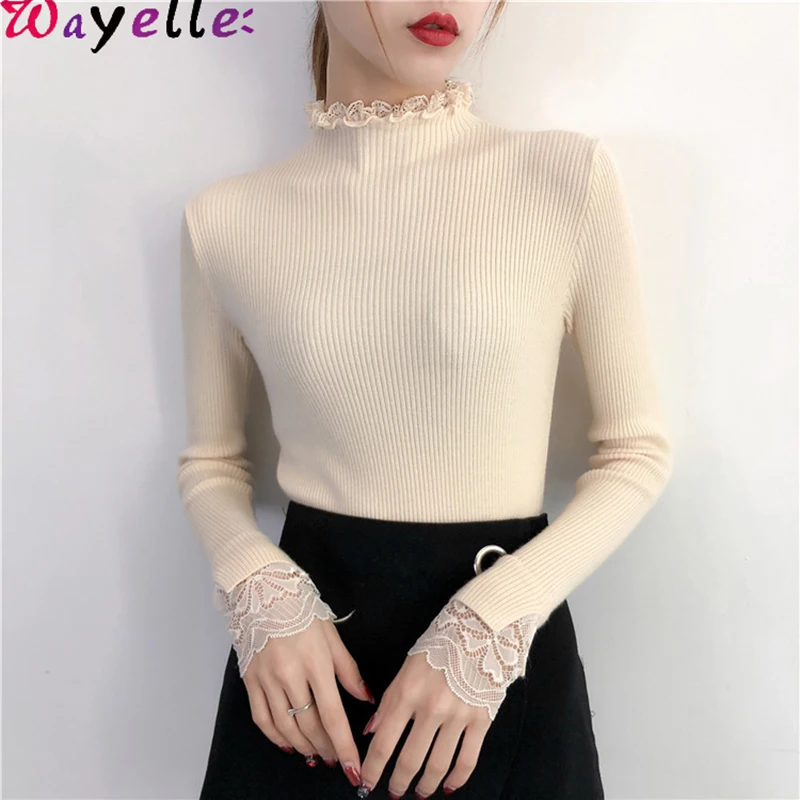 

Basic Soft Women Knitted Sweaters Autumn Winter Casual Slim Elasticity Sweaters Korean Patchwork Lace Pullovers Women Tops